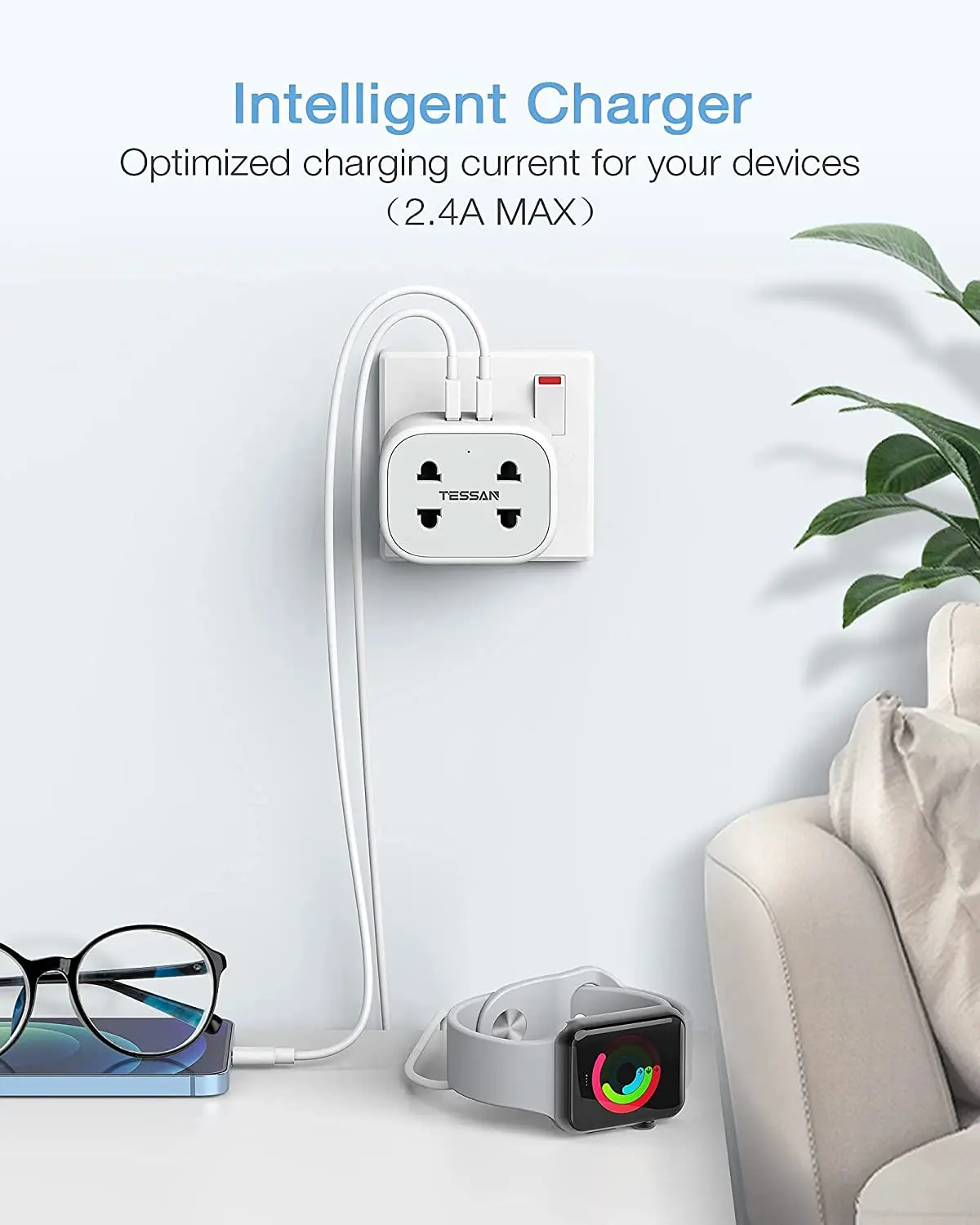 Branco da Tomada do Barbeador do Dobro do Curso de Tessan Portas de Usb Pinos com Proteção da Sobrecarga Tessan com 2 Soquete da Tomada do Adaptador de 2 Pinos a 3 Adaptador com 2 - Image 6
