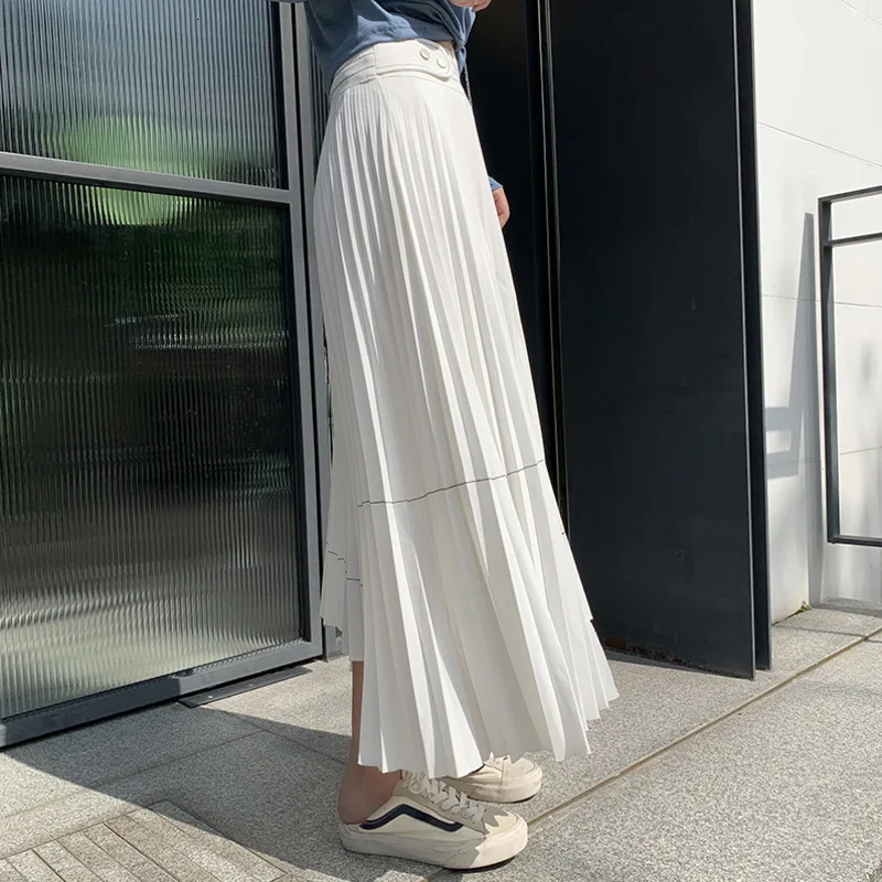 LANMREM однотонная женская плиссированная повседневная юбка с завышенной талией, пуговицами и полосками, простая модная новинка осени, TV367