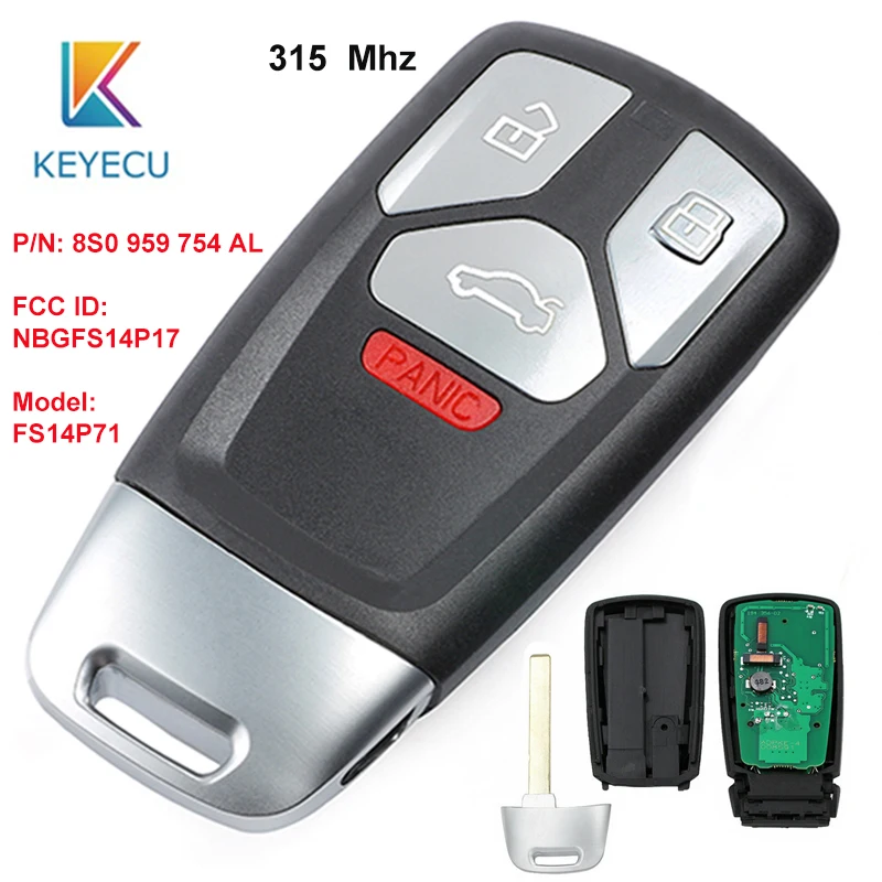KEYECU 315 MHz P/N:8S0 959 754AL Model: FS14P71 Smart Remote 3 Button Car Key Fob for Audi A4 A5 Q7 SQ5 TT 2017 2018 2019 KEYECU 315 MHz P/N:8S0 959 754AL Model: FS14P71 Smart Remote 3 Button Car Key Fob for Audi A4 A5 Q7 SQ5 TT 2017 2018 2019