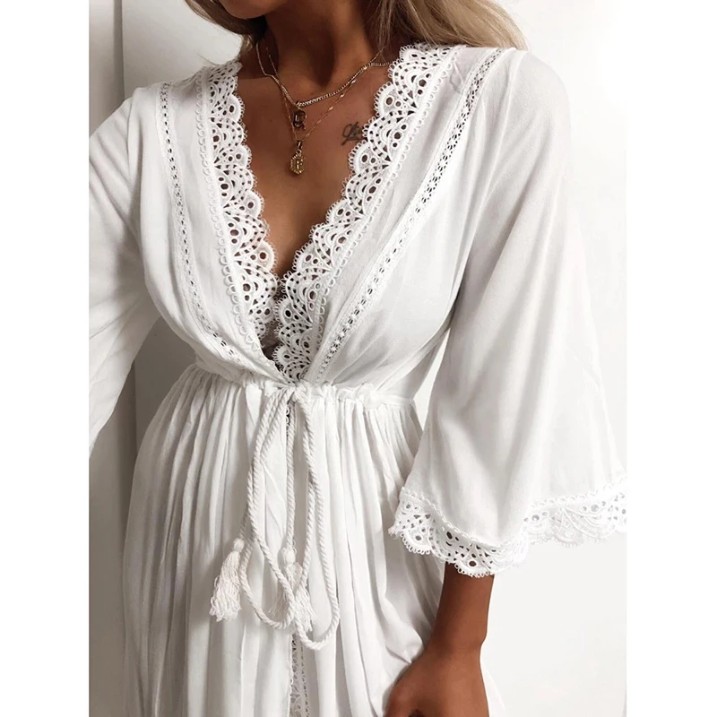 Beach Cardigan Dress Womens Long Hollow Out Lace Tie Up Waist Slim Fit Long Loose Pajamas Sleepwear Bathrobe Home Wear Summer 3