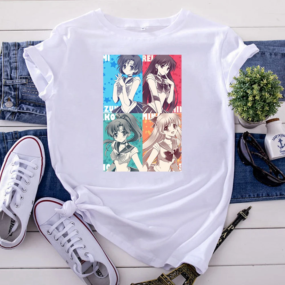 Sailor Moon Images Finished Printing Tshirts For Woman Solid Color Harajuku Women T Shirts Japanese Anime Short Sleeve Tops