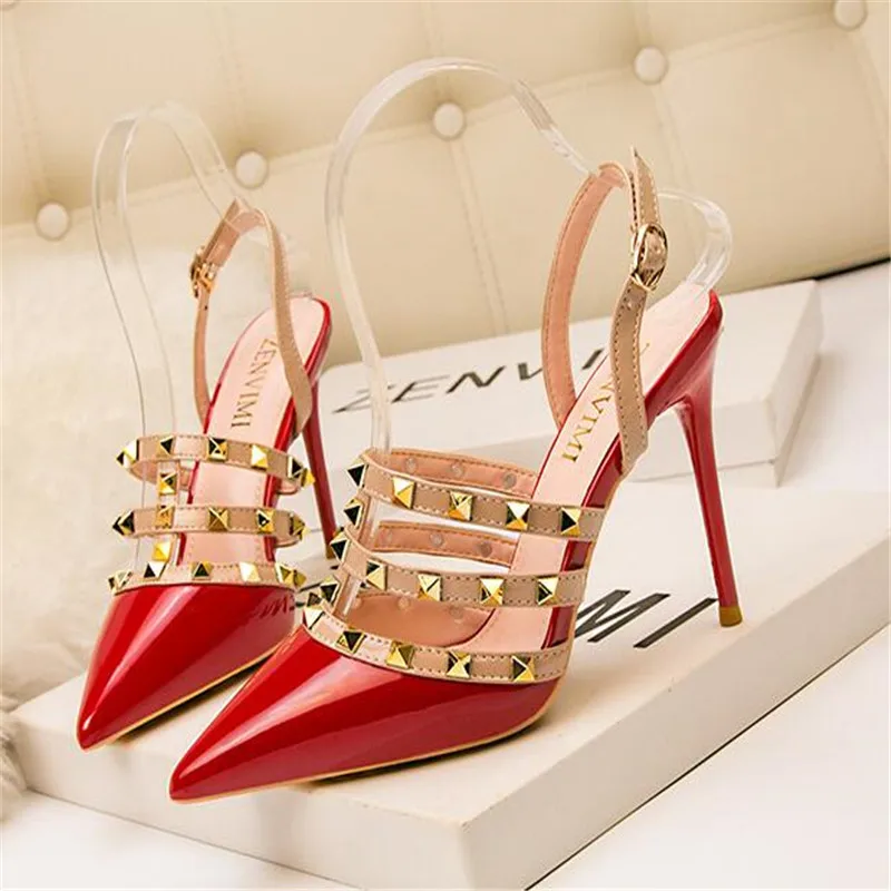 2024 New 10CM PUMPS Sexy pointed Roman high heels nightclub was thin rivets female sandals stiletto back empty women's shoes