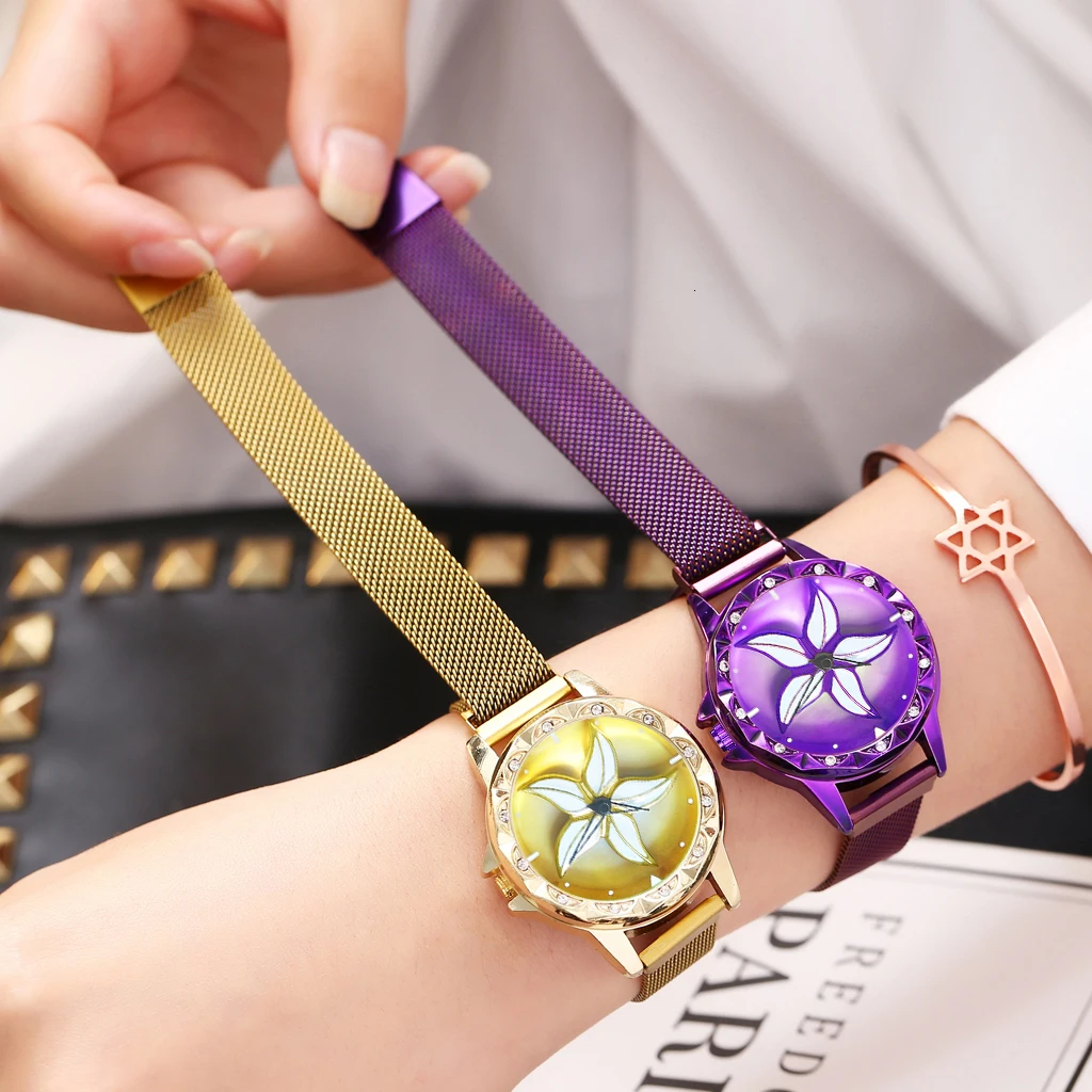 Лидер продаж, женские часы с магнитной пряжкой, вращающиеся в виде цветка, роскошные женские кварцевые часы из нержавеющей стали, часы Relogio Feminino