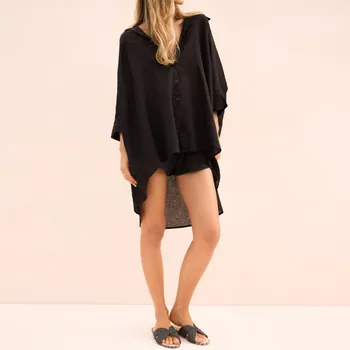 

Sexy Turn-down Collar Blouse Open Stitch Mid Long Transparent Three Quarter Loose Comfortable Blouse All-match Clothing
