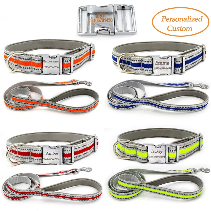 

Personalized Custom Nylon Reflective Dog Harness Leash Lead Set Free Engraved Pet Dog Cat Harness Collar Safety Leash Rope Belt