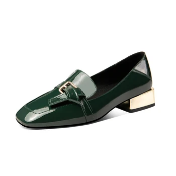 

Genuine leather Women Pumps 2.5cm metal square Heels shoes woman square Toe Ladies Women Shoes black green Female Pumps