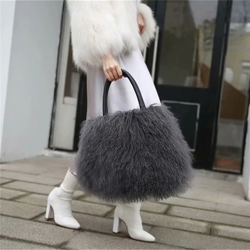 IANLAN Women Real Mongolian Sheep Fur Handbags Casual Ladies Fluffy Fur Tote Bags Genuine Cowhide Handle IL00555