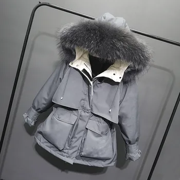 

2019 new burst down jacket women's short workclothes real wool collar to overcome waist plus thick coat winter