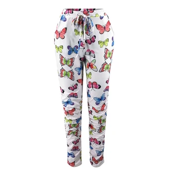 

Female Trousers, Butterfly Print Elastic High Waist Pants Leisure Wear for Women, White, S/M/L/XL