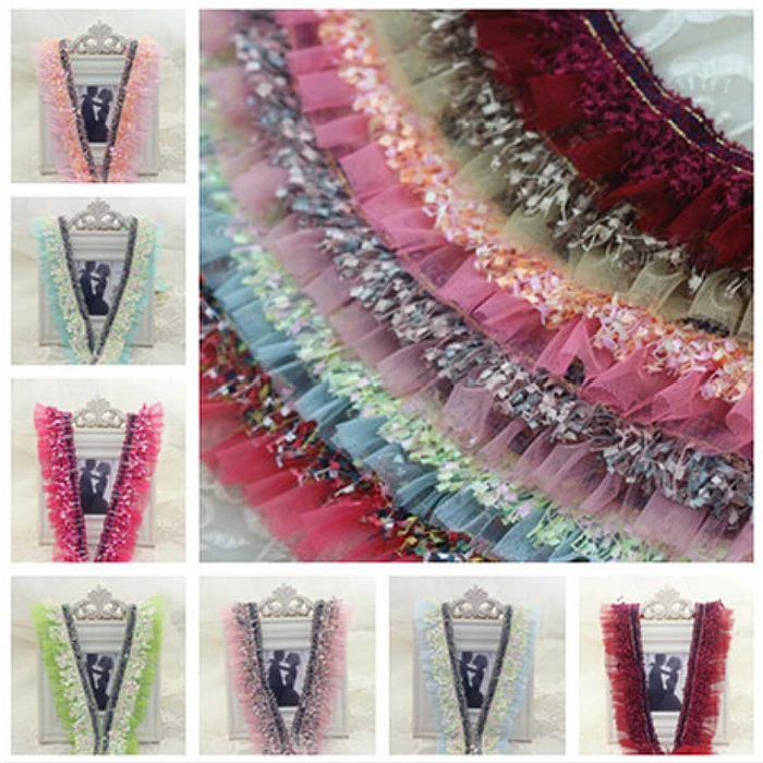 

5cm Wide Exquisite Mesh Tassel Double Stitching Pleated Fine Lace Fabric DIY Doll Clothes Dress Skirt Home Textile Decoration