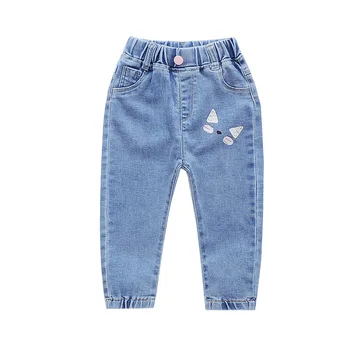 

WLG Girls Jeans Kids Spring Autumn Cartoon Cat Printed Denim Blue Jean Baby Girl Casual All Match Trousers for 1-6 Years