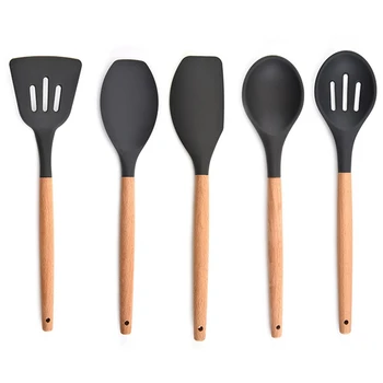 

Non-Stick Silicone Cooking Utensils Set with Natural Acacia Hard Wood Handle, 5 Pcs, Black, for Baking & Serving
