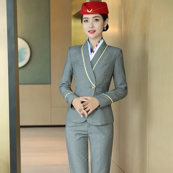 

Elegant Red Gray Blue Black Women Pant Suit for Hotel Airplane Work Wear Two Pieces Set Size S-4XL Blazer Coat With Pant Set