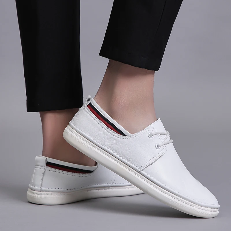 

fashionlace-up men loafers black white color genuine leather moccasins male flats skate shoes man leisure fashion casual shoes