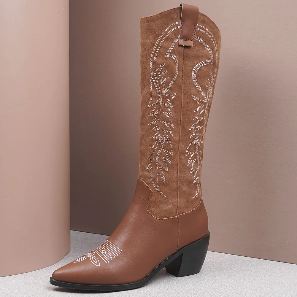 BONJOMARISA New 34-46 Brand Pointed Toe Sewing Cowboy Boots Ladies Trendy mid-calf Western Boots Lady High Heel Shoes Woman