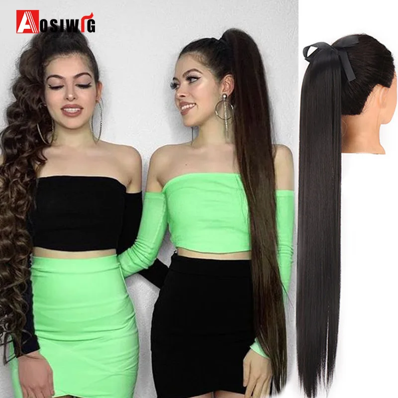 AOSI Super recta larga coleta mujer sintético de cola de caballo de cabello Clip en extensiones de cabello negro marrón chicas resistente al calor