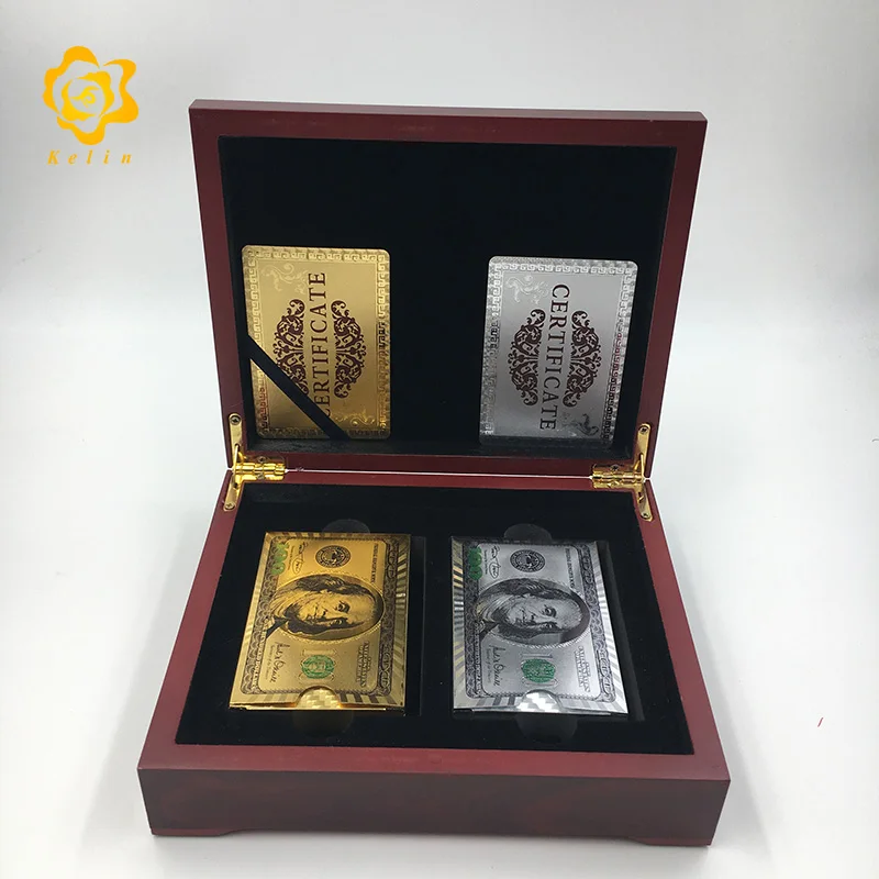 100USD-2 Двойные игральные карты pokers доллар США/мозаика/евро банкнота/фунт/Дубай 5 типов в роскошной двойной деревянной коробке с сертификатом - Цвет: 100USD-2