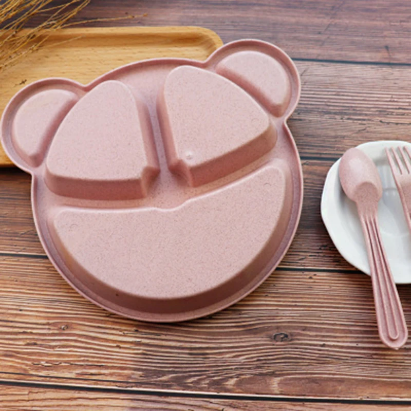 

3pcs Baby Plate Children Cartoon Food Dishes Wheat Straw Bowl Spoon Fork Supply