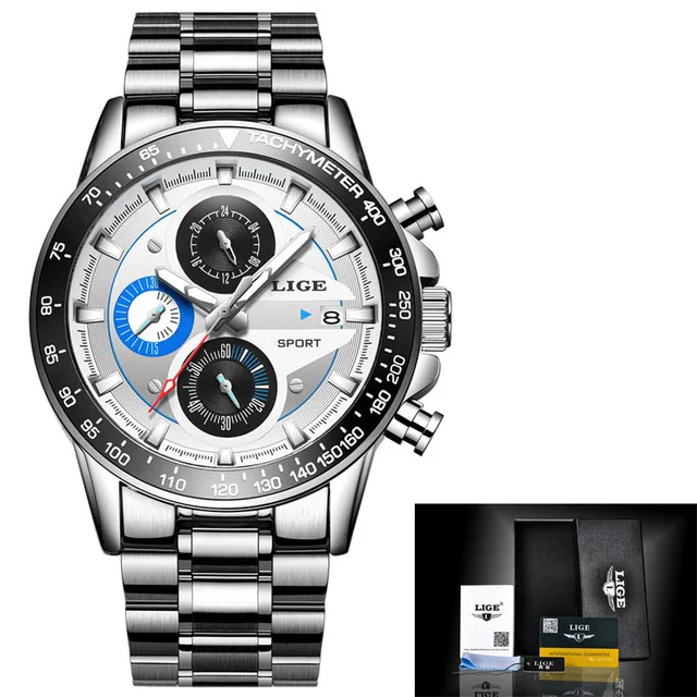 steel silver blue LIGE мужские спортивные кварцевые часы мужские топ брендовая люксовая дизайнерская Военная часы хронограф мужские модные часы Relogio Masculino Дата - Цвет: steel silver blue