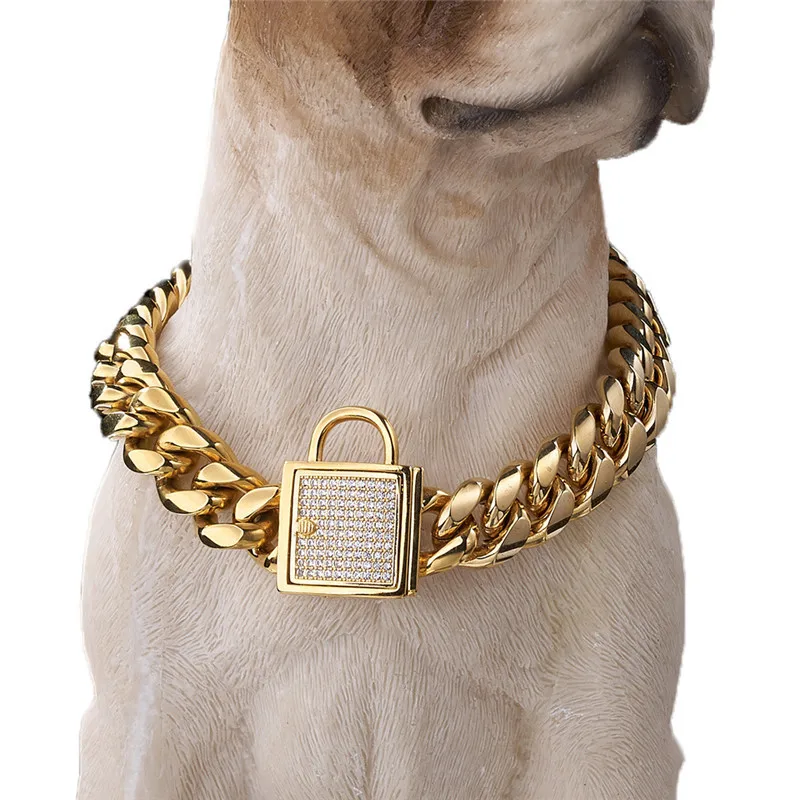 14mm Stainless Steel Titanium Steel Dog Chain Collar Encryption Micro-inlaid Zircon Lock Pet Metal Necklace Stuff for Pug Pitbul