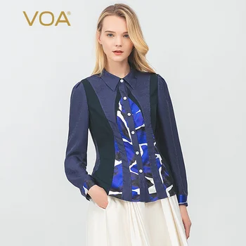

VOA deep blue 38m heavy weight silk jacquard sharp angle collar long strip dark pattern splicing straight slim shirt B9205