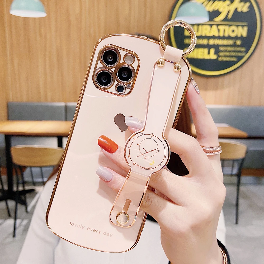 Boucho Wrist Strap Hand Band TPU Case For iphone 11 12 Pro Max Mini SE X XS XR 7 8 plus Electroplated Oval Phone Holder | Мобильные