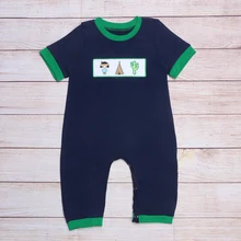 

Summer Clothes Boy Green Cuffs Navy Blue Short Sleeves Cactus And Tent Embroidery Pattern Baby Rompers