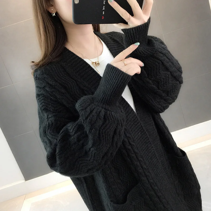 Spring And Autumn Women's Knit Cardigan Solid Color Wild Spring New Shirt Korean Version Of The Loose Sweater Women Coat - Цвет: black