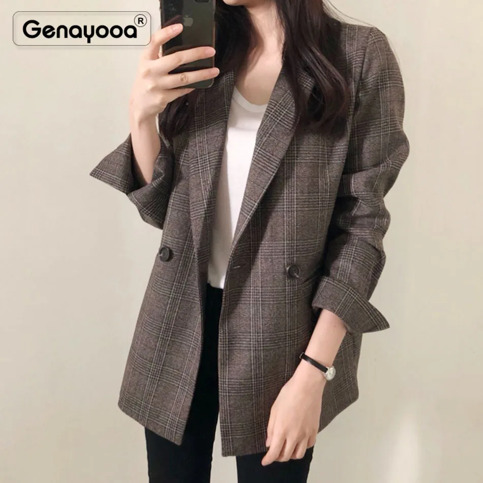 Genayooa Plaid Blazer Women Long Sleeve Blazer In Women Blazers And Jackets Plus Size 5XL Vintage Office Ladies Blazer Feminino