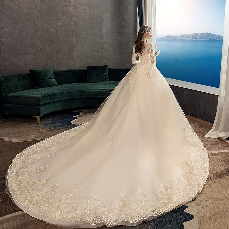 New Spring White Ivory Champagne Wedding Dresses With Sleeve Illusion Long Appliques Lace Embroidery Ball Gowns vestido De Noiva 3