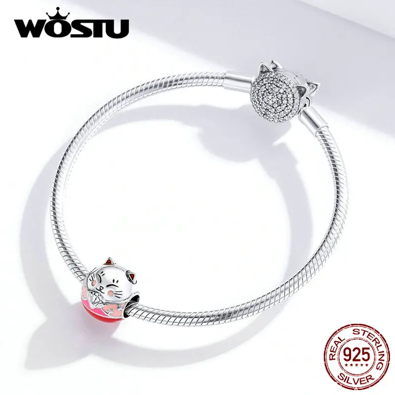 WOSTU, новая мода, 925 пробы, серебро, Фортуна, бусины кошка, розовая удача, шарм, подходит для оригинального браслета, кулон, хорошее ювелирное изделие, подарок, BKC1341