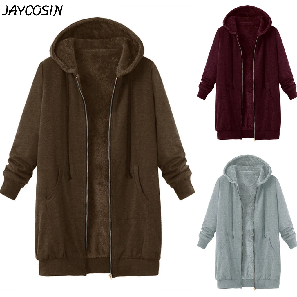 JAYCOSIN размера плюс, Женское пальто, плюшевое, на молнии, с карманами, средней длины, с капюшоном, толстовка, кардиган, пальто, зимнее, теплое, повседневное, верхняя одежда