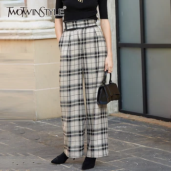 

TWOTWINSTYLE Vintage Plaid Women Pant High Waist Woolen Elegant Hit Color Wide Leg Pants Female Fashion Clothing 2020 Spring New