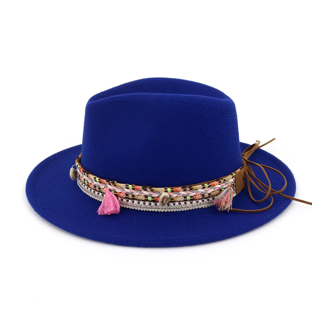 Модная женская шерстяная шляпа Fedora с бахрома на ленте вечерние шляпы для элегантного Ladywide джазования с полями шляпка для церкви