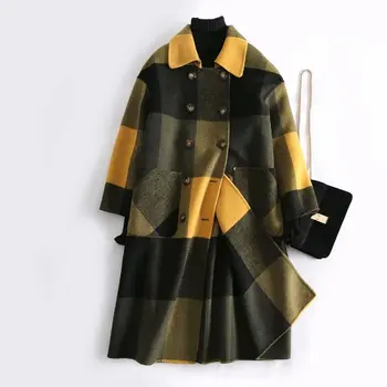 

Double-faced Wool Woolen Coat Medium And Long Loose Handmade Plaid Woolen Coat Female
