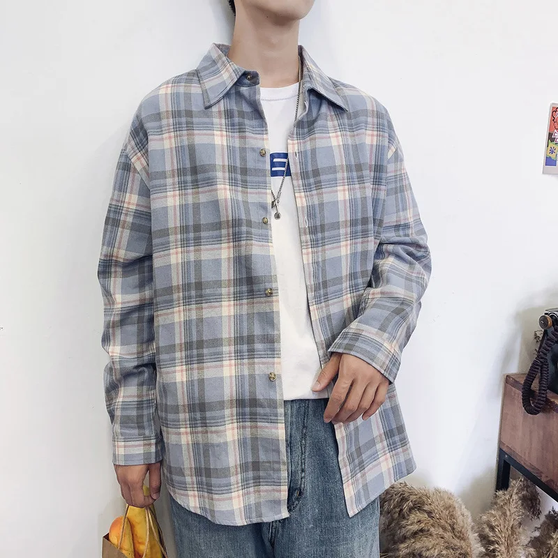 

2019 Influx Male Plaid Shirt Net Red Ins Trend Loose Long-sleeved Shirt Tide Brand Hip Hop Wild Port Wind Couple Coat 50CS