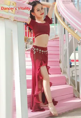 Top Skirt as photo Детская одежда для занятий танцами живота; Новинка; осенний топ с расклешенными рукавами; Длинная юбка; восточные Индийские танцы для девочек; сценический тренировочный костюм - Цвет: Top Skirt as photo