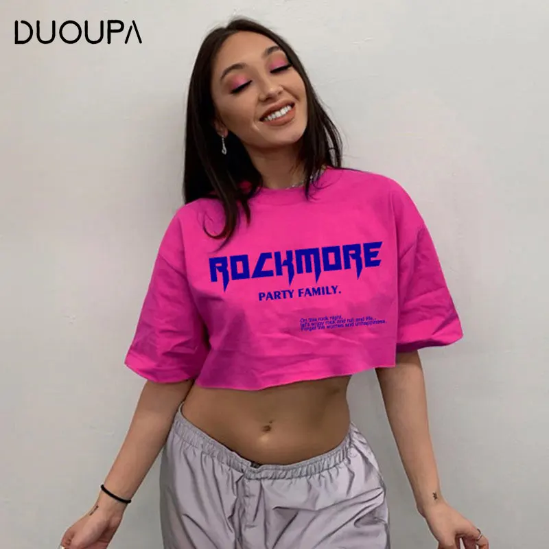 

2019 New Fashion Short-sleeved Women's Loose T-shirt Print Umbilical Round Neck Shirt Female Trend Short-sleeved Vest Cotton