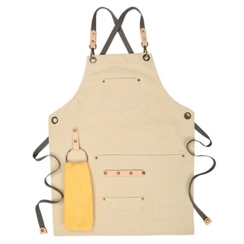 

BBQ Apron Bib Chef Kitchen Apron Female Men Barista Bartender Pocket Family Barber Chef Coffee Restaurant Creamy-White
