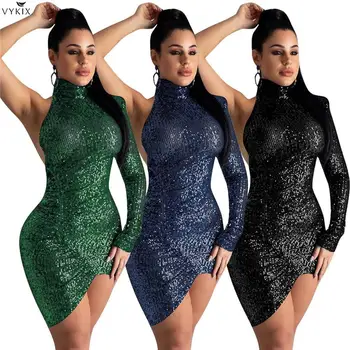 

Sequin Dresses Sheer Mesh One Shoulder Dress Asymmetrical Turtleneck Backless Bodycon Dress Long Sleeve Mini Night Party Dresses