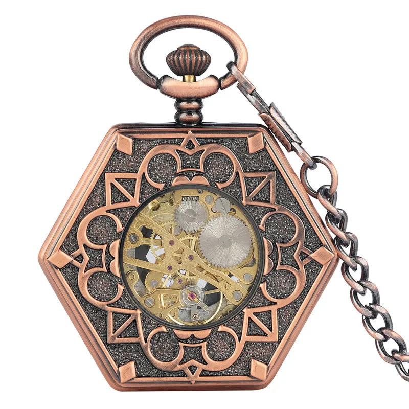 Bronze Red Copper Hexagone Shape Unisex Handwinding Mechanical Pocket Watch Skeleton Clock with Pendant Chain Roman Number Dial