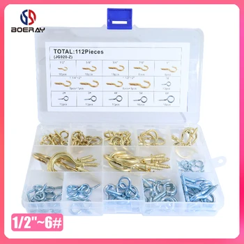 

112pcs, 14 Sizes, Eye Bolts Screw Hooks Assortment Kits, Brass Plated Ceiling Screw cup Hooks Hangers