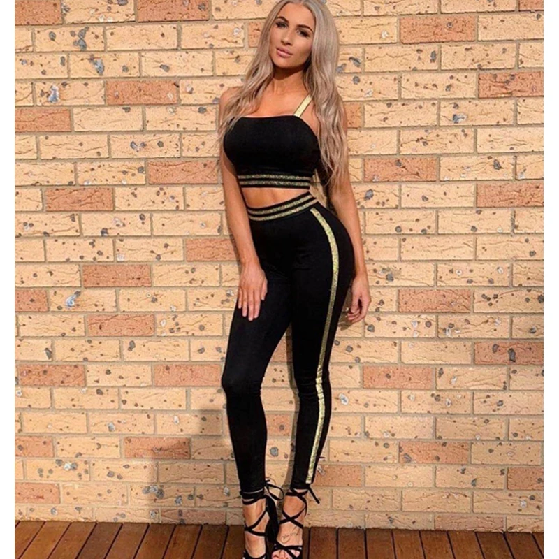 

2019 Summer Fashion Black Bandage Jumpsuit with sexy gilding spaghetti strap slim sets party women two piece outfits clubwear