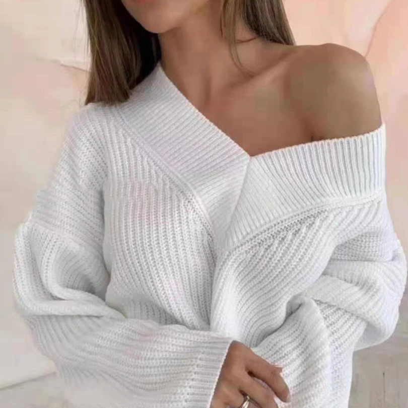 

Taotrees Autumn Women V-collar Solid Color Long Sleeve Knit Sweater
