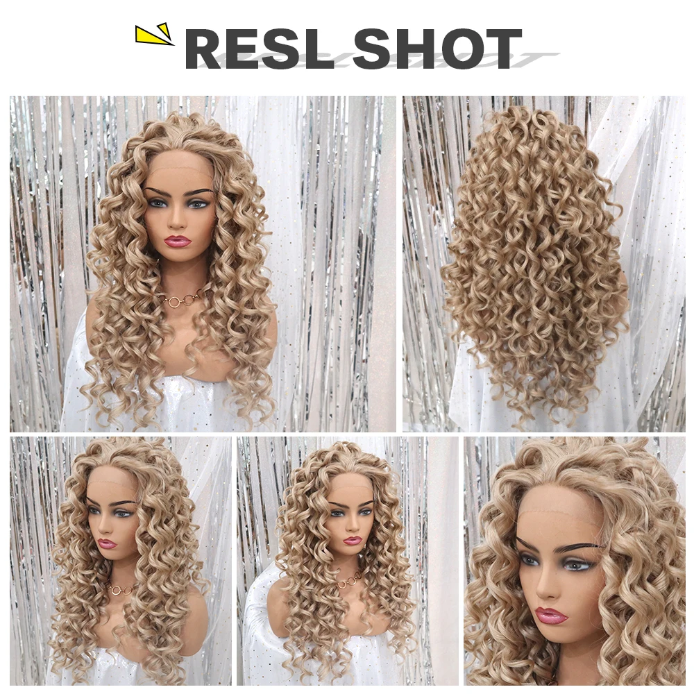 TINY LANA Brown Blonde Color Kinky Curly Wigs for White Women Synthetic African Fluffy Hair High Temperature Fiber Lace Front