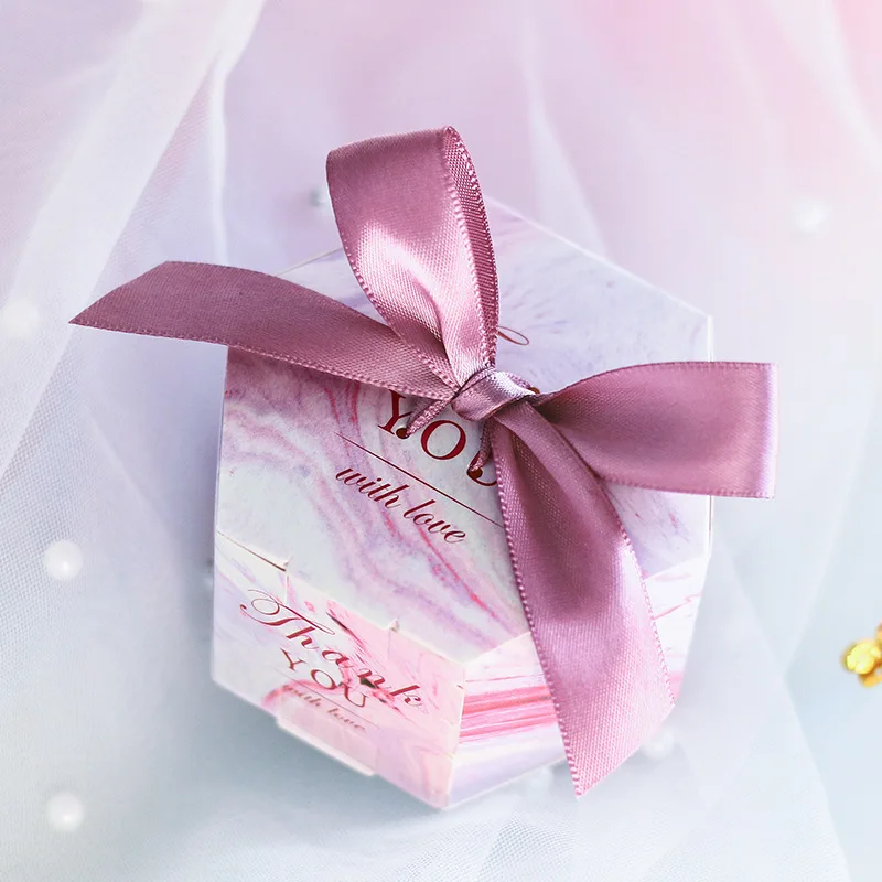 Новинка, бумажная коробка для конфет, Мраморная, розовая, шестигранная, Подарочная коробка для детского душа, украшения для вечеринки на день рождения, Детские свадебные сувениры и подарки
