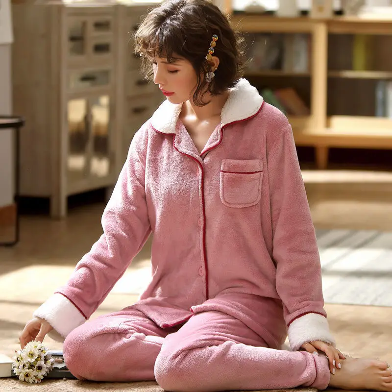 pink Sleepwear Women Женская одежда для сна, большие размеры, теплые пижамы, женские комплекты, тёплая Пижама, женский зимний домашний костюм, женская пижама больших размеров для женщин XXL - Цвет: pink Sleepwear Women