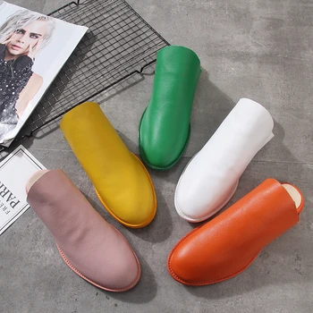 

Slippers Genuine Leather Women Shoes Flat Soft Green Orange Pink Shoes Fashion Slides Summer Outdoor Slippers Black Ladies Shoes