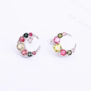 

hot sale SGARIT new design 925 silver gemstone jewelry moon shape natural colorful tourmaline stud earrings jewelry for women