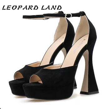 

LEOPARD LAND 2020 New Classic Solid Color Buckle Suede Fish Mouth Waterproof Platform Wine Glass And High Heel Sandals JXQ
